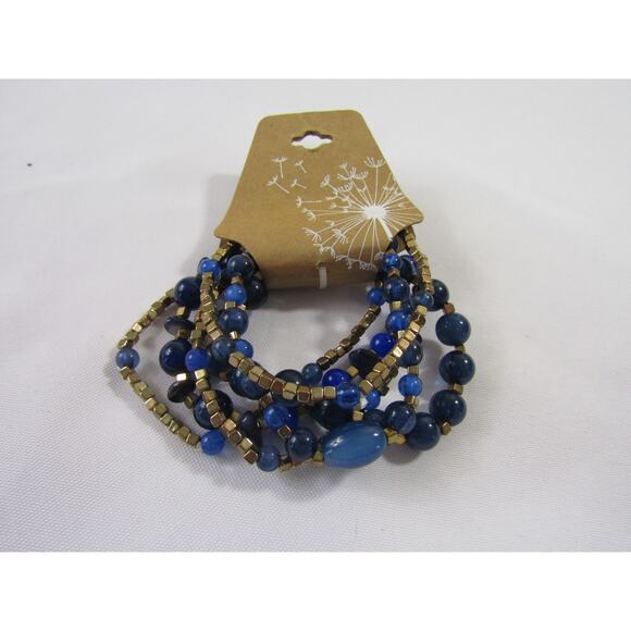 Blue Glass Bead Gold Tone Stretch Wrist Bracelet 5.5" Whimsical Art Boho Modern - Picture 1 of 4